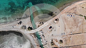 Old mills in Elounda, Crete from above. Panoramic view with drone photo