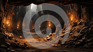 Old mine tunnel with road and lights, abandoned underground passage. Entrance to catacomb in mountain, inside subterranean cave.