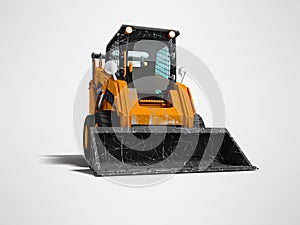 Old mini excavator with scratches on the body with bucket in front 3d render on gray background with shadow