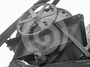 Old Mining Machine at Abandoned Mine Site, Black and White