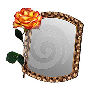 Old mirror with beautiful rose isolated background