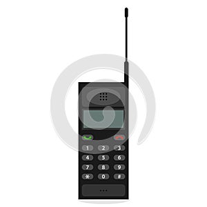 The old mobile phone is black with an antenna.