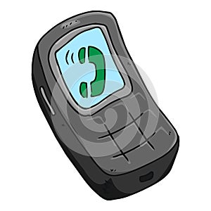 Old mobile phone hand drawn. Vector illustration of a cartoon mobile phone. Icon button mobile