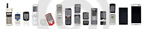 Old mobile phones from past to present on white background