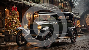 Old Model T style Car Parked Outside The Festively Christmas Decorated Shops. Generative AI
