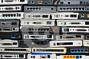 Old modems, routers, network equipment. photo
