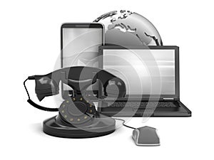 Old and modern phone, laptop and earth globe