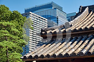 The old and modern roofs in the Chiyoda ward of Tokyo. Japan