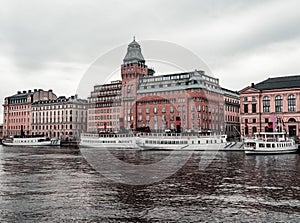 Old but modern steamships by the Nybrokajen quay waiting for passengers Stockholm Sweden