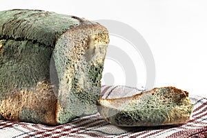 The old mold on the rye bread. Spoiled Mold on food on kitchen towel