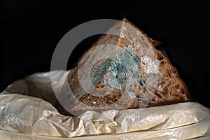 The old mold on the rye bread in trash can. Spoiled food thrown into the bucket