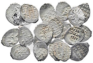 Old money of Russia of the 17th century. Silver coins isolated