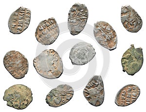 Old money of Russia of the 17th century. Silver coins isolated