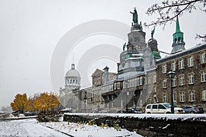 Old Montreal with Bonsecours Market and Notre-Dame-de-Bon-Secours Chapel during a snow day - Montreal, Quebec, Canada