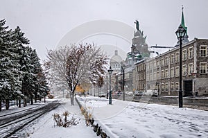 Old Montreal with Bonsecours Market and Notre-Dame-de-Bon-Secours Chapel during a snow day - Montreal, Quebec, Canada