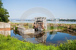 Old monumental piers of Trajan`s Bridge Serbia