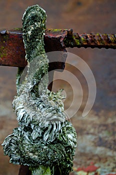 old mooring rope hanging on a rusty railing. Old rusty ship arrived at the port for recycling. Big knot close up