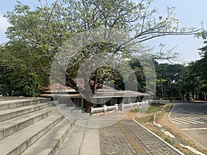 the old mosque between the road connecting modern buildings and the new park