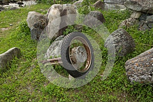 An old motorcycle wheel with a frame.Accident consequences