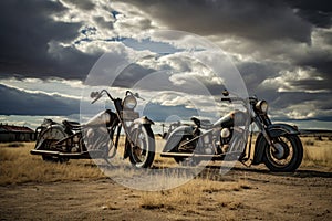 Old motorcycles in the Namib Desert, Namibia, Africa. American motorcycles on the, AI Generated