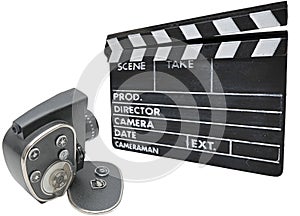 Old movie camera and clapperboard