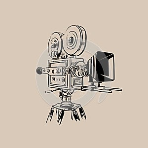 Old Movie Camera. Digital sketch vector.