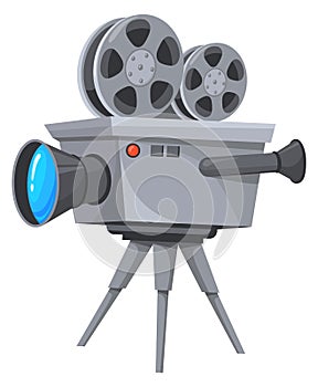 Old movie projector with tape roll. Cartoon cinema icon