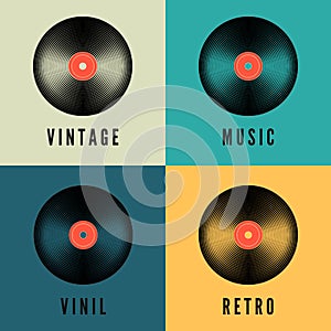 Old music vinyl record set in retro colors. Album covers template. Vector illustration