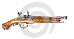 Old musket gun on white background