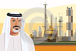 old Muslim Arab businessman oil rig background isolated illustration