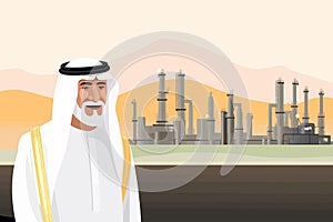 old Muslim Arab businessman oil rig background isolated illustration
