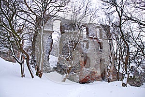 Old mysterious ruin castle in Carpathians in winter cloudy day