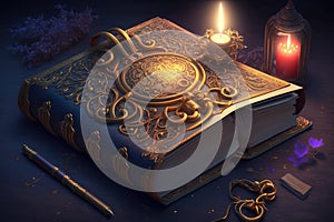 an old, mystical book with a golden lock and clasp on the cover, surrounded by candles and incense.