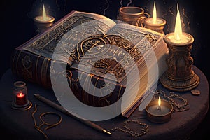 an old, mystical book with a golden lock and clasp on the cover, surrounded by candles and incense.