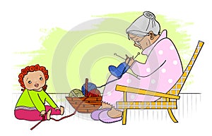 Old nanny grandmother. Small child is bored tied to the old nanny grandmother with knitting