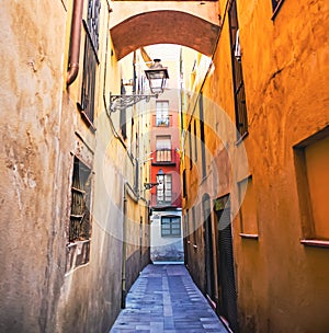 Old narrow street in barcelona old living quarter