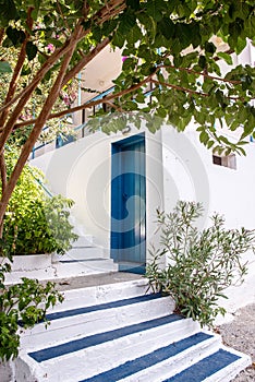 Old narrow street of Chora Sfakion town, Southern part of Crete island, Greece