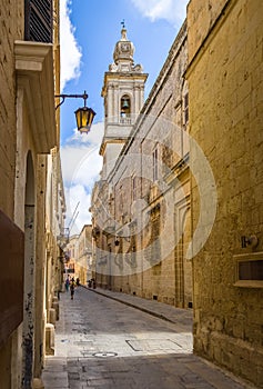 Old Narrow Street of Mdina with Carmelite Church Bell Tower - Mdina, Malta