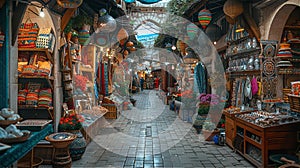 Old narrow street of the traditional Arabian Bazaar Market. Small shops are selling ceramics, carpets, spices fruits and souvenirs