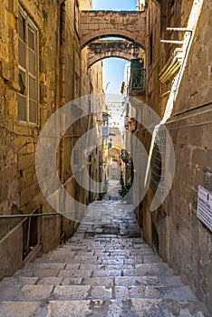 Old narrow street in Valletta, capital of the island of Malta, southern Europe