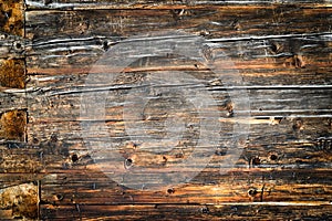 Old natural brown wood wall of log cabin. Wooden textured background pattern.