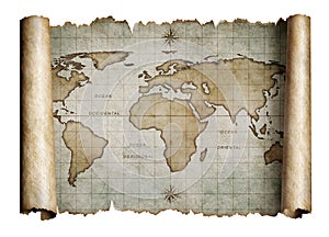 Old nautical world map scroll isolated