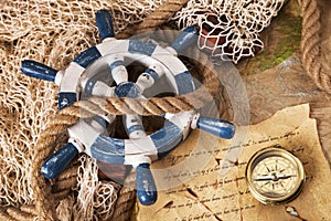 Old navigation equipment, rope and wheel