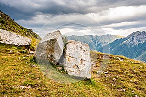 Old necropolis with stecci in Bosnian mountains in Lukomir village