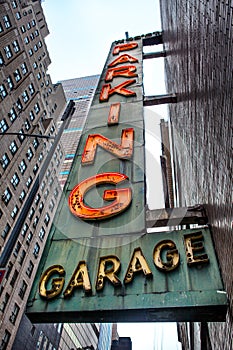 Old neon Parking Garage sign