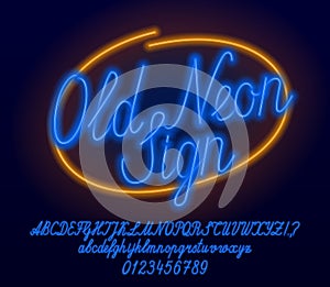 Old Neon Sign alphabet font. Blue neon script letters and numbers. Uppercase and lowercase.