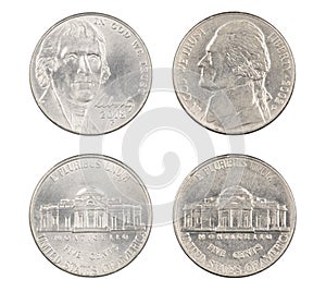 Old and New American Nickels isolated on white background photo