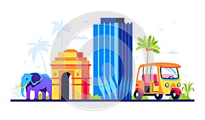 Old and new architecture of India - colored vector illustration