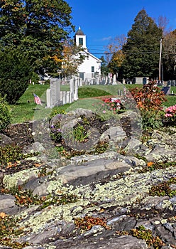 Old New England White Country Church and Cemetery in Maine