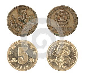 Old and new five jiao coins islated on white background photo